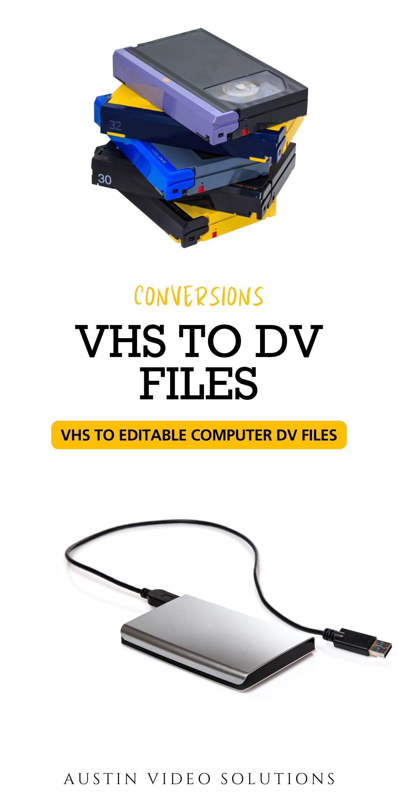Convert your VHS tapes to high quality digital formats like DV and MP4 for easy editing, sharing, and long-term preservation. Choose from convenient storage options like hard drives or thumb drives.