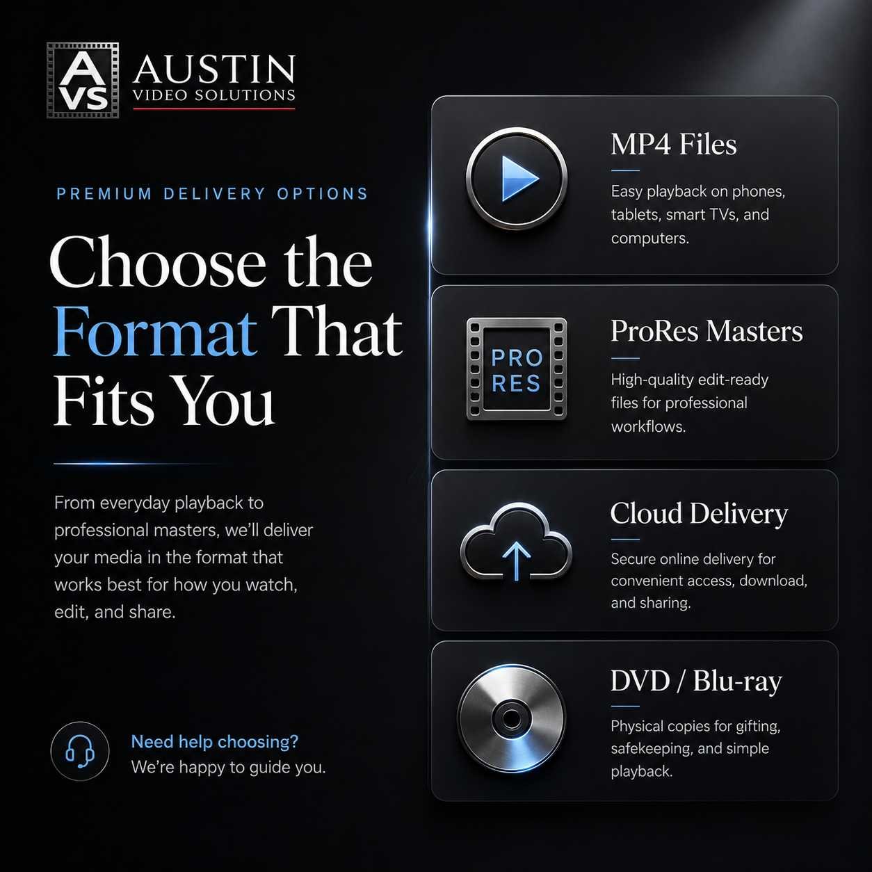 Choose the format that fits you: MP4, ProRes, cloud delivery, DVD and Blu-ray options