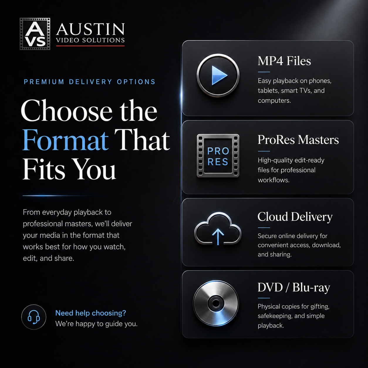 Choose the format that fits you: MP4, ProRes, cloud delivery, DVD and Blu-ray options