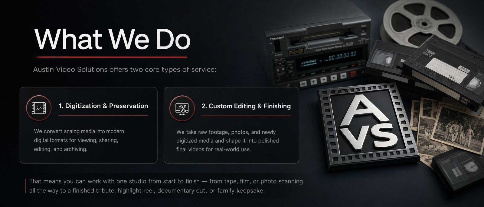 What Austin Video Solutions does infographic showing tape transfer, media digitization, and video editing services in Austin, Texas