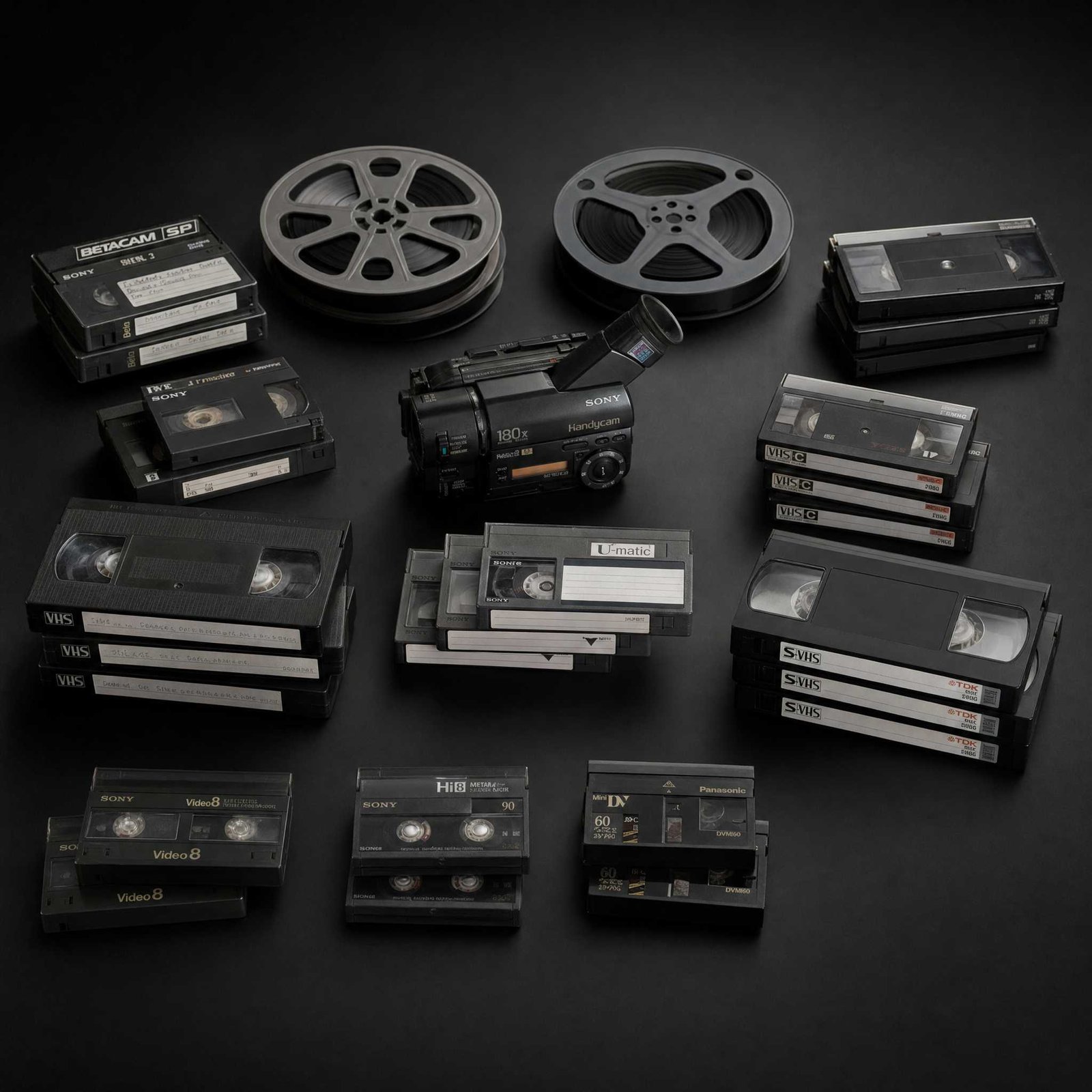 Analog video tapes, film reels, and camcorder media arranged for media conversion services in Austin